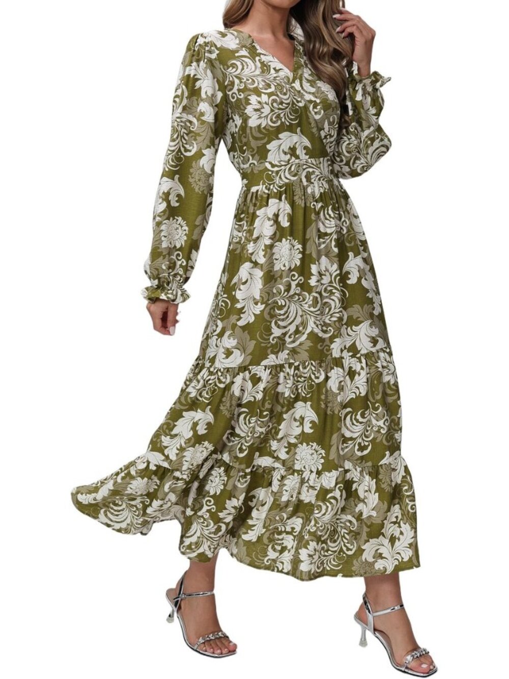 Women's Spring Boho Floral Maxi Dress, V Neck Long Sleeve Flowy Casual Beach
